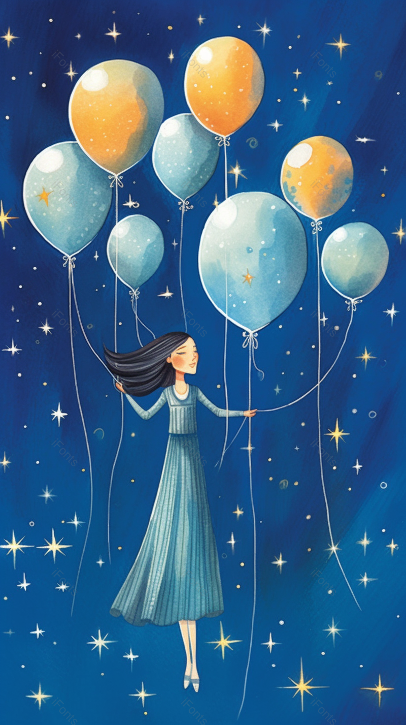 小女孩手拿气球插画艺术手绘图蓝色卡通背景,插画/手绘图,插画/手绘图库,插画/手绘图下载,插画/手绘